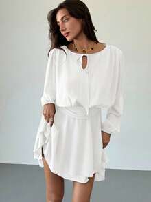 Aloruh Váy mini tay dài buộc dây viền bèo nhún màu tím mận lãng mạn cho ngày hẹn hò/lễ hội âm nhạc dành cho nữ - trắng - Xem 3