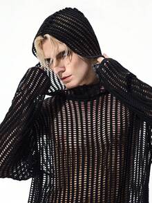 ROMWE MEN Goth Áo len dệt kim dài tay khoét vai màu trơn dáng rộng có mũ trùm đầu cho nam - màu đen - Xem 2