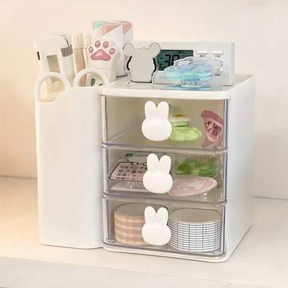 1个3层抽屉收纳盒，带笔筒，多功能办公文具桌面收纳盒，可爱兔子造型提手，适合餐桌装饰和办公桌配件。