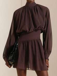 Vesra Petite Women's Chiffon Halter Neck Ruffle Hem Dress - Burgundy - View 5