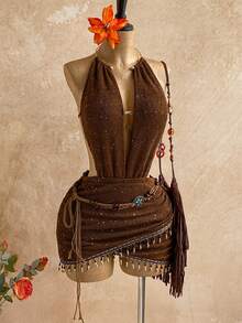 Soleia 女士性感复古图案网纱深V领串珠装饰紧身迷你连衣裙，适合节日派对、圣诞节、约会之夜、夜店、波西米亚风、度假、秋季等场合。 - 棕色 - 查看 8