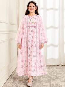 SHEIN Đầm dài tay dệt thanh lịch dành cho bé gái tuổi teen - Hồng - Xem 3