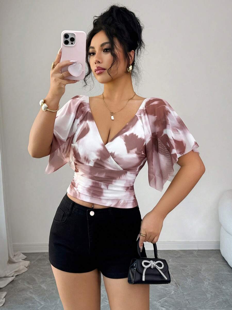 Elenzga Printed Random Cut V-Neck Ruffle Sleeve Fitted Waist Elegant Vacation Sexy Women T-Shirt, Spring/Summer - Multicolor - View 1