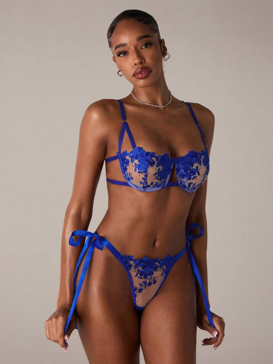 SHEIN BAE Bộ đồ lót ren thêu màu xanh da trời 2 món dành cho nữ - Xanh đậm - Xem 1