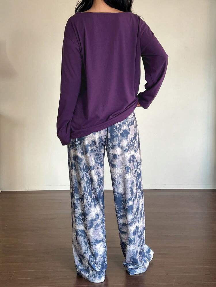 Solid Color Loose T-Shirt Top & Tie-Dye Floral Pattern Pajama Pants Women Sleepwear Set