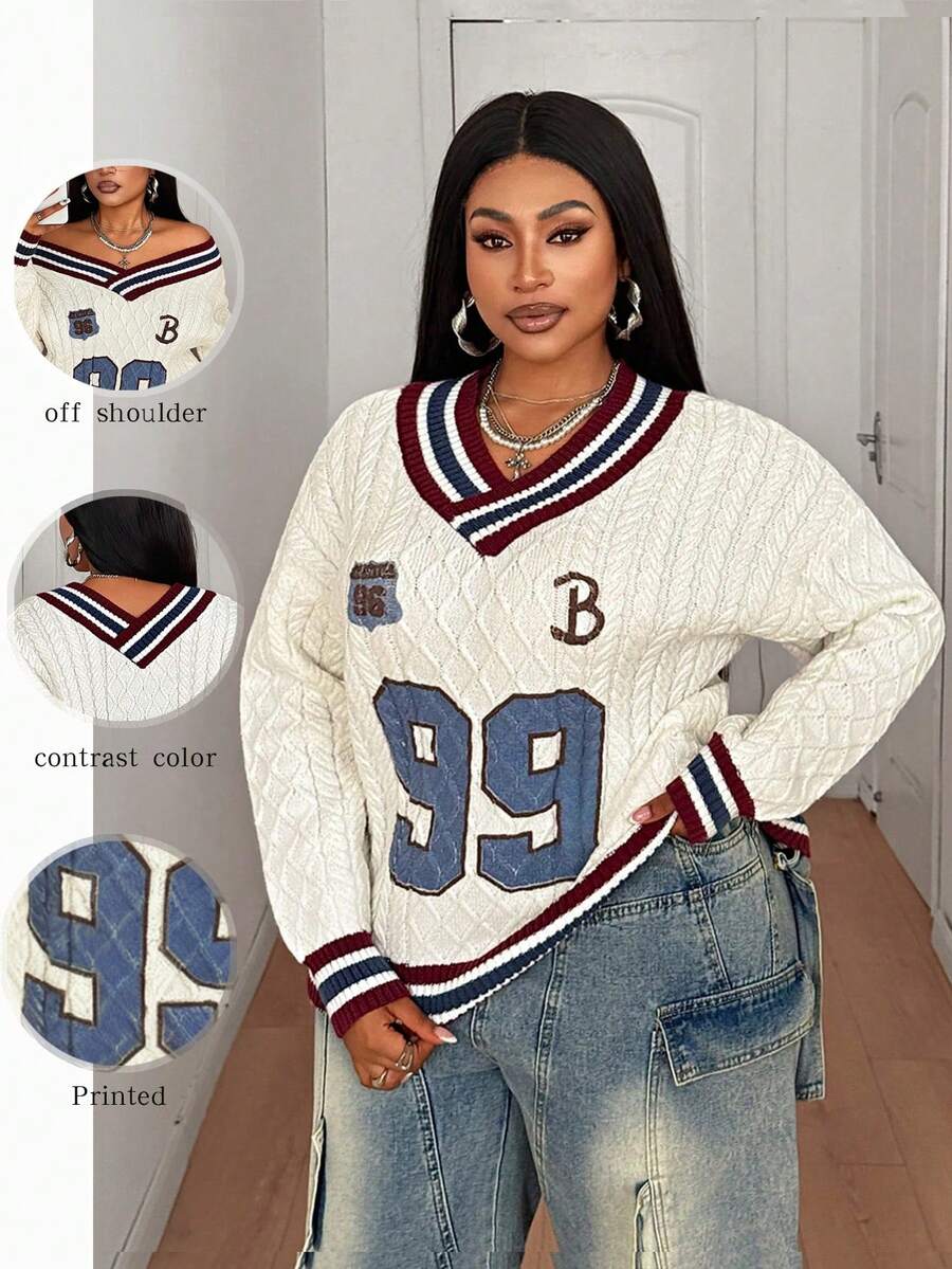 Maweii Women's Casual Daily Simple College Style Versatile Sporty Streetwear Young Fashion V-Neck Off-Shoulder Dropped Shoulder White Long-Sleeved Printed Letter Pattern Striped Color Block Loose Straight Knit Plus Size Pullover Sweater Top, Fall Winter - Multicolor - View 1