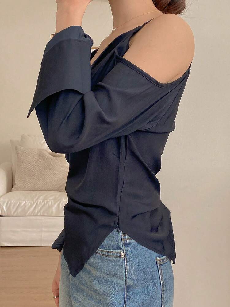 Women's Turtleneck Spaghetti Strap Off-Shoulder Long Sleeve Blouse