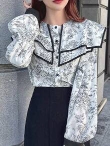 FRIFUL 女士圆领双层装饰花卉蕾丝花边撞色拼接前开襟纽扣甜美衬衫，适合夏季度假穿着，长袖 - 灰色 - 查看 1