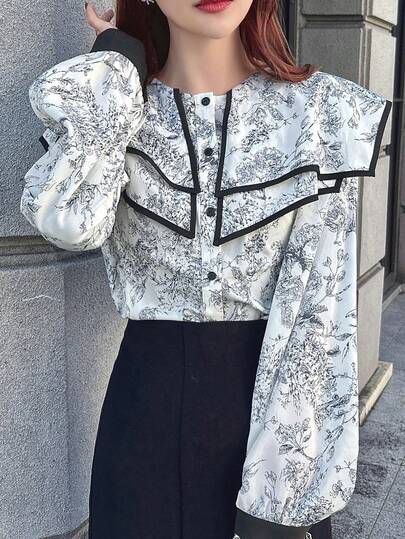 FRIFUL 女士圆领双层装饰花卉蕾丝花边撞色拼接前开襟纽扣甜美衬衫，适合夏季度假穿着，长袖