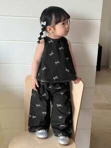 SHEIN 2件套女婴蝴蝶结装饰黑色牛仔宽松背心和裤子套装 - 黑色 - 查看 4