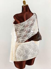 Amplova Romantic Boho New Lace Sheer Asymmetric Shoulder Cover Up Top & Tie-Up Mini Skirt 2-Piece Set For Women - Apricot - View 7