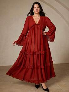 Aveloria Rosie Vintage rot-braunes Chiffon V-Ausschnitt Rüschenärmel Kleid, rot-braunes Chiffon 3-lagiges Rüschen-Saum V-Ausschnitt Rüschen-Design Kleid, elegant & anspruchsvoll, geeignet für Arbeit oder formelle Anlässe, schmeichelhaftes Kleid in Große Größen - Rot - Übersicht 3