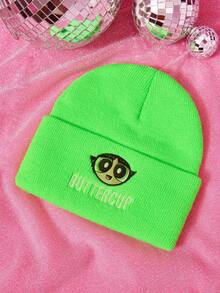 THE POWERPUFF GIRLS X SHEIN 1pc Knitted Beanie Hat With Cartoon Embroidery Pattern, Fashionable Street Riding Gift Choice - A - View 1