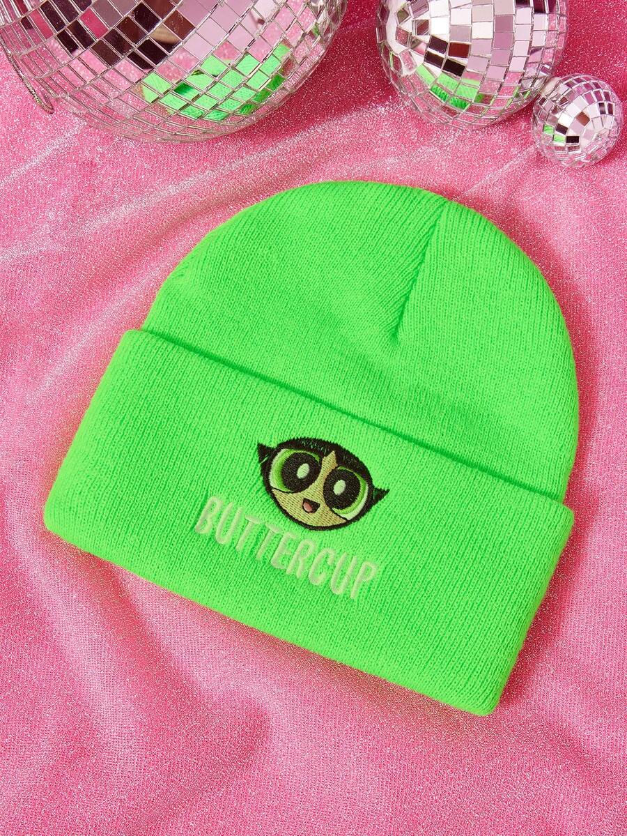 THE POWERPUFF GIRLS X SHEIN 1pc Knitted Beanie Hat With Cartoon Embroidery Pattern, Fashionable Street Riding Gift Choice - A - View 1