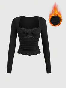 Sweetra 女士万圣节、感恩节、新年、派对、通勤、日常、旅行、度假适用黑色紧身蕾丝蝴蝶结设计弹力T恤 - 黑色 - 查看 7