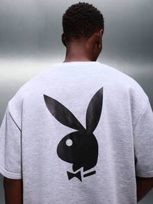PLAYBOY X SUMWON Logo Bunny Print Short Sleeve Boxy Fit Crew Neck T-Shirt For Casual Everyday Wear Summer Spring Lightweight Comfort - Grey - View 1