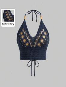 ROMWE Hippie Áo dệt kim cổ yếm dáng rộng dành cho nữ cỡ lớn, kiểu dáng thường ngày, thêu hình mặt trời. - Màu xanh hải quân - Xem 1