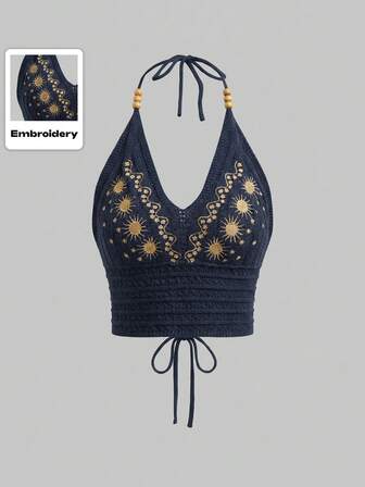 Hippie Blusa de punto casual con cuello de halter y bordado de sol para mujer talla grande