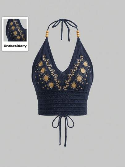 Hippie Blusa de punto casual con cuello de halter y bordado de sol para mujer talla grande