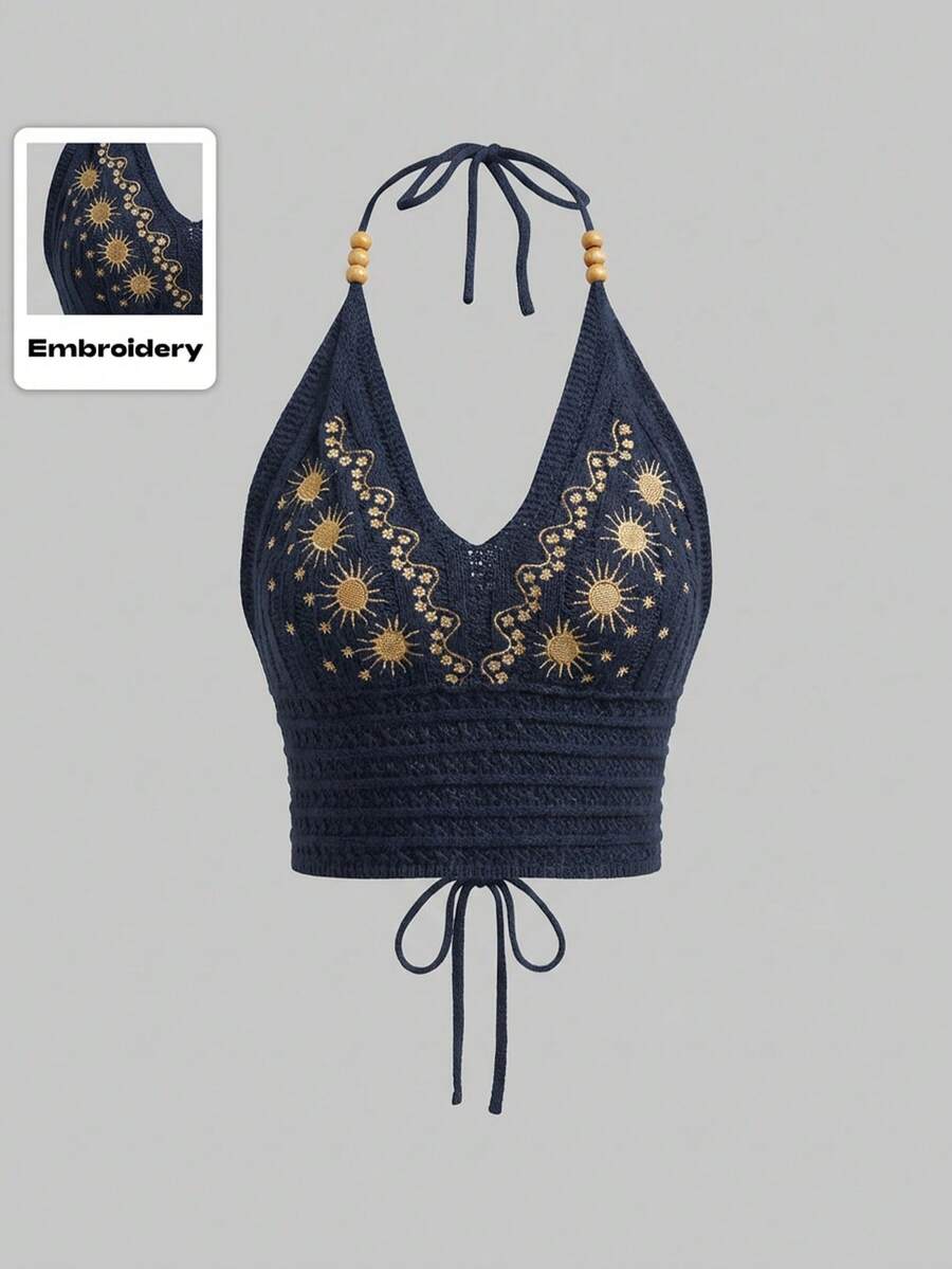 ROMWE Hippie Áo dệt kim cổ yếm dáng rộng dành cho nữ cỡ lớn, kiểu dáng thường ngày, thêu hình mặt trời. - Màu xanh hải quân - Xem 1