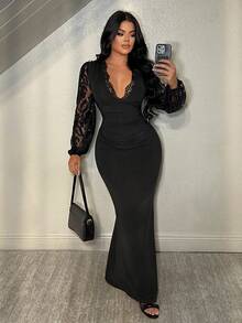 SHEIN SXY Elegant Sexy Lace Patchwork Deep V-Neck Fishtail Dress - Black - View 3