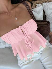 MainGRL Damen Gewebtes Gerafftes Vorder-Bindeträger-Top, Einfarbig - Pink - Übersicht 3