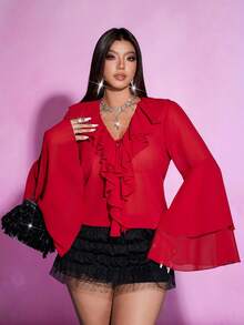 Viva Relle 大码优雅通勤纯色喇叭袖荷叶边下摆衬衫 - 紅色 - 查看 4