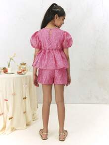 Puff Sleeve Blouse With Elastic Waist Shorts Textured Two Piece Set Girls Summer Outfit Festive Occasionwear