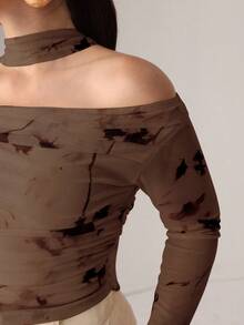 Modelyn Autumn Knitted Sexy Sheer Mesh Ribbon Print T-Shirt - Brown - View 5
