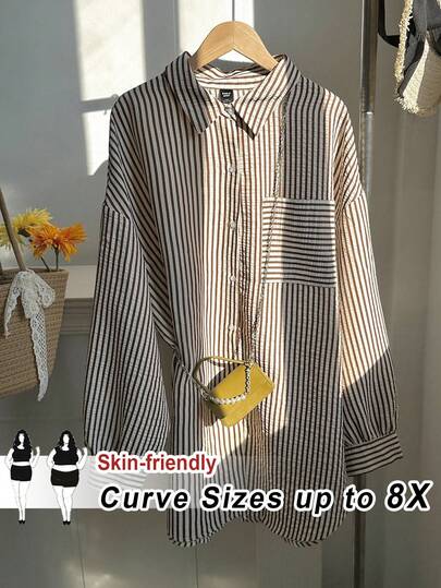 SHEIN CURVE+ Plus Size Women Striped Print Drop Shoulder Pocket Applique Shirt