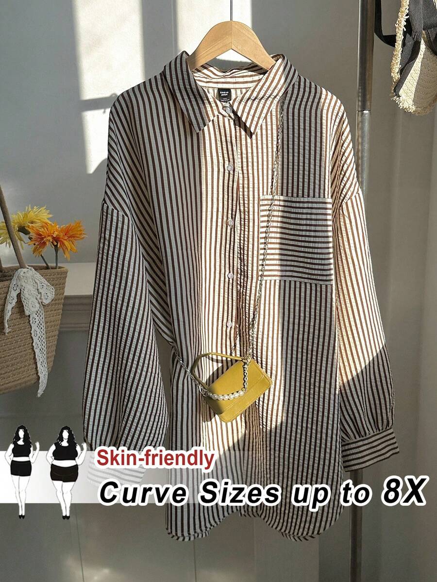 SHEIN CURVE+ Plus Size Women Striped Print Drop Shoulder Pocket Applique Shirt - Multicolor - View 1