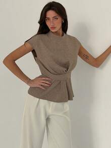 Aloruh Goddess Waist Pleated Flare Khaki Commuter Shirt - Khaki - View 7