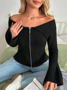 EURMUSE 女士纯色露肩长袖拉链前开时尚针织开衫 - 黑色 - 查看 7