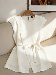 GlowEve Women's Cinched Waist Tie-Up Asymmetrical Hem Blouse - White - View 1