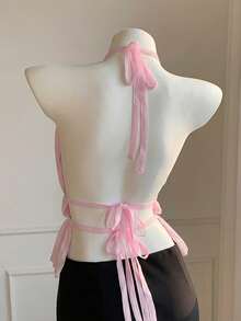 SHEIN EZwear Women's Pink Ruched Halter Backless Tie-Back Camisole, Valentine's Day Pink Camisole - Pink - View 2