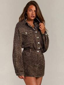 Athîral Women's Fashionable Denim Dress With Deer Print And Button Details, Short Denim Dress, Button-Front Design, Brown Denim Dress, Maillard Outfits.Waist Design,Casual Outfit For Women,Casual Denim Dresses,Spring Break Outfits,Deer Pattern Dress - Multicolor - View 3