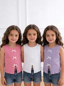 SHEIN Genkimix Kids 女童纯色蝴蝶结装饰简约吊带背心 - 彩色 - 查看 7