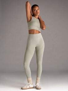 SHEIN BAE Bộ đồ tập yoga thể thao cổ tròn và quần legging có gân cho nữ - Màu Xám nhạt - Xem 1