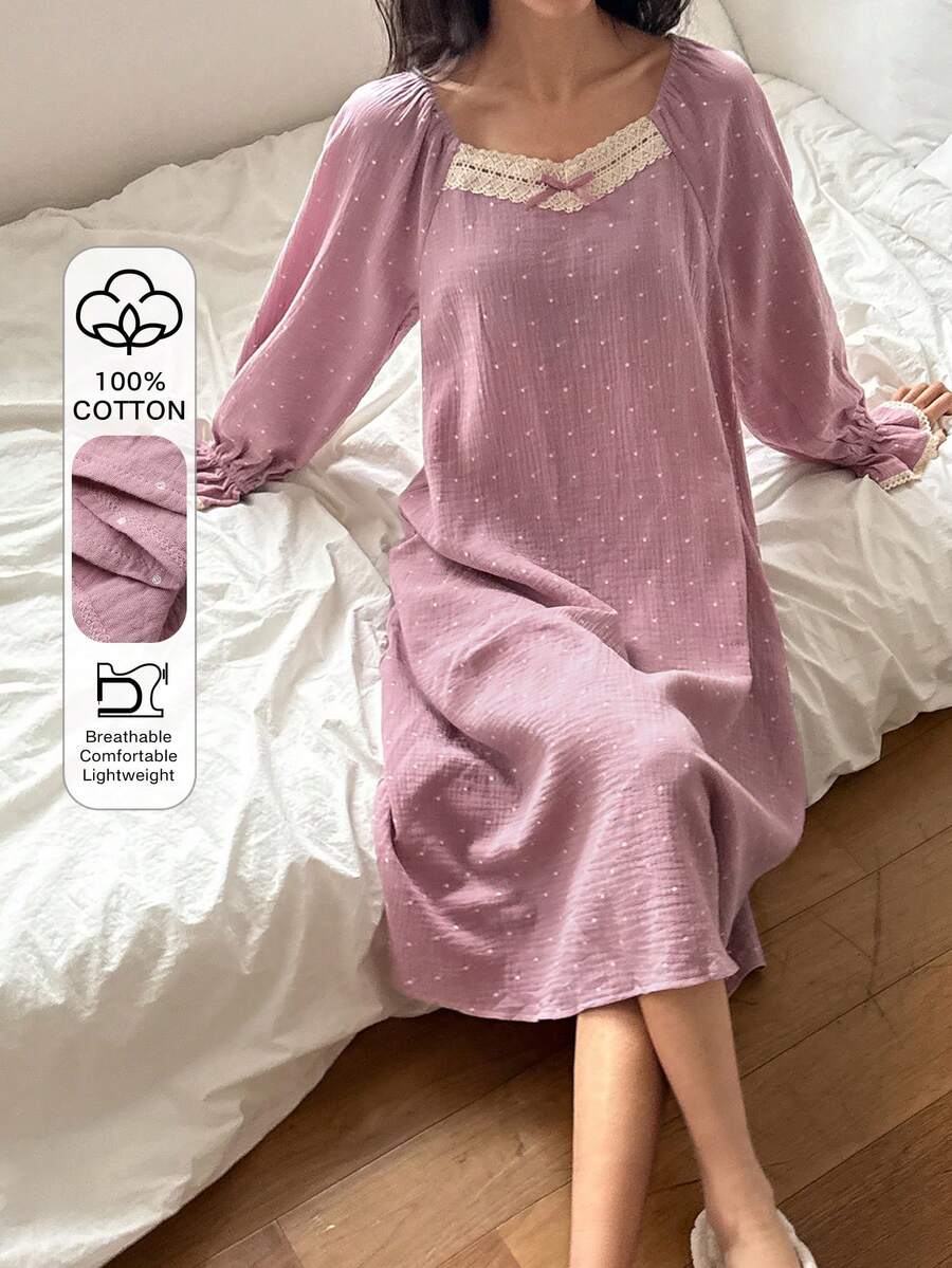 DAZY Sweet Crochet Lace Trim Polka Dot Print Chiffon Ruffle Lantern Sleeve Women Nightgown - Purple - View 1