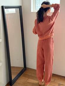 DAZY Red Plaid Sweatshirt Style Women Pajama Set - Red - View 2
