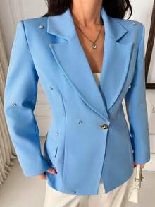EURMUSE Blazer élégant pour femmes avec détails de strass au col châle - Bleu ciel - Voir 6