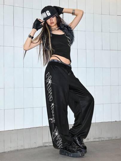 ROMWE Avant Pantaloni della tuta con logo di strada, slogan e decorazioni in strass, vita bassa e ampi