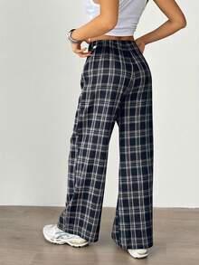Aidyla 女士格子图案拉绒弹力腰休闲宽松裤，秋季款 - 藍色 - 查看 2