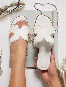 SHUZIA Women Shoes Minimalist Open Toe Thin Flat Bottom Everyday Basic Slip-On Slippers PU White Sliders