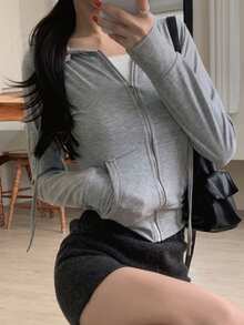 DAZY Women Hooded Zip-Up Jacket, Long Sleeve Short Crop Top - Grey - View 8