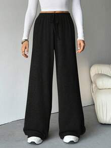 SHEIN Tall 女士罗纹磨毛阔腿裤，适合秋冬季穿着 - 黑色 - 查看 5