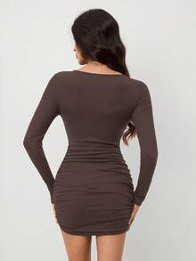 SHEIN Tall Sweetheart Neck Lace Trim Ruched Bodycon Black Tight Dress Cleavage Dress - Coffee Brown - View 3