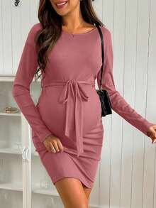 SHEIN Casual Everyday Versatile Long Sleeve Drawstring Loose Knit Elastic Black Midi Maternity Dress - Dusty Pink - View 5