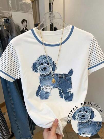Resyla Women's Cartoon Dog Print Round Neck Short Sleeve Casual Versatile T-Shirt