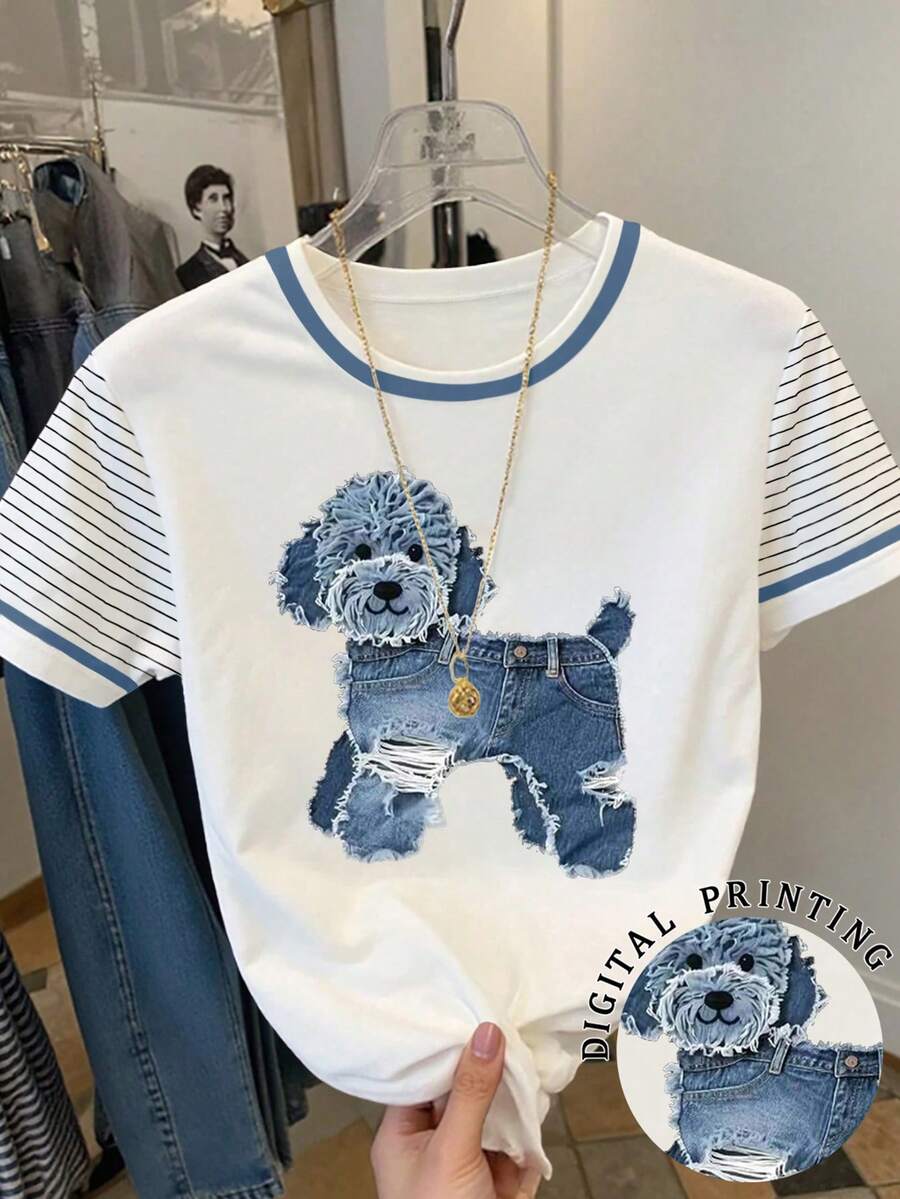 Resyla Camiseta casual de mujer de manga corta con cuello redondo y estampado de perro de dibujos animados - Blanco - Ver 1